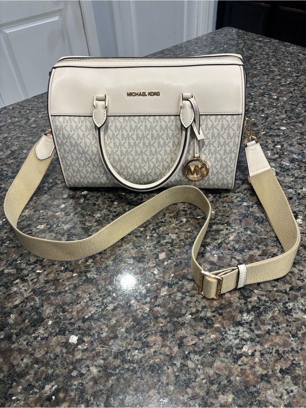 Michael Kors MD Duffle Cream and Gold Logo Crossbody Satchel
